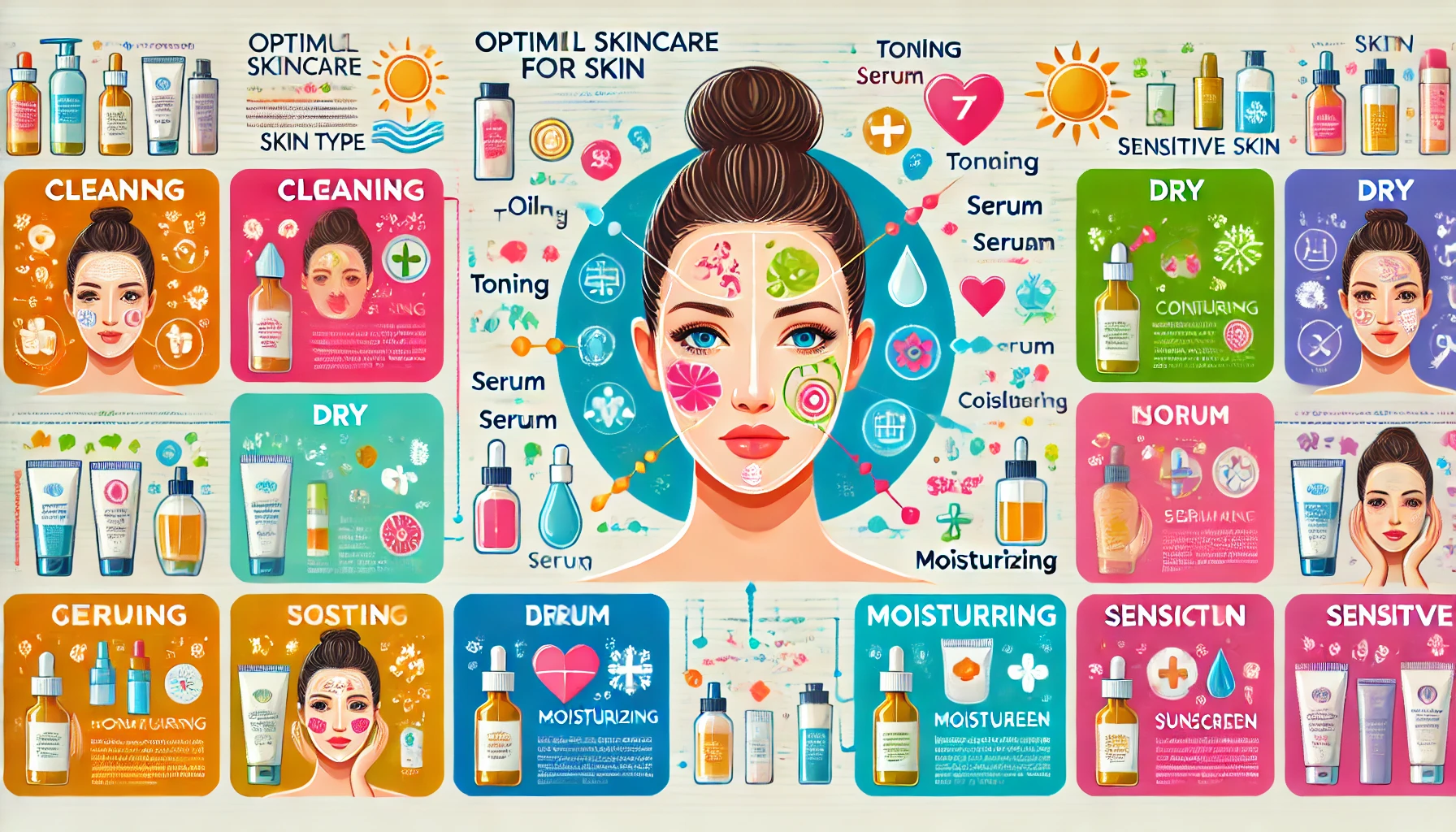 DALL·E 2024-07-29 17.26.50 - A colorful and detailed infographic showing optimal skincare routines for different skin types_ oily, dry, combination, and sensitive skin. Each secti